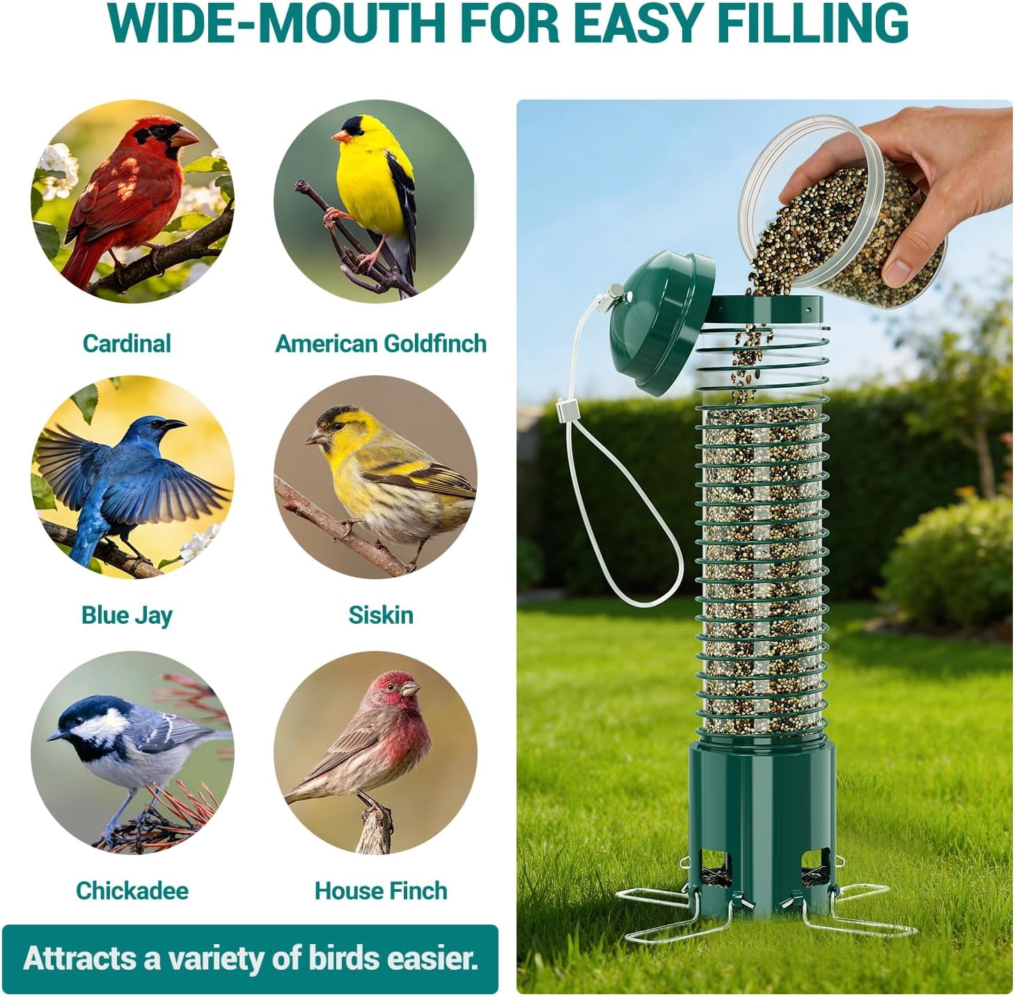 Squirrel Proof Bird Feeder, Metal Bird Feeders for Outdoors Hanging, 3.6LB Large Seeds Capacity for Wild Birds, Finch, Cardinal, Blue Jay, Chickadee, Green