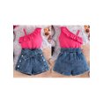 thumbnail image 2 of BemeyourBBs Toddler Baby Girls Summer Outfits Denim 2 Pieces Outfit Baby Girl Summer Clothes Sleeveless One Shoulder Ruffle Tank Vest Tops and Jeans Shorts Set with Belt, 2 of 9