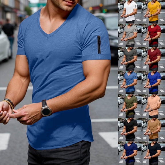 Men's V Neck Muscle Workout Athletic T-Shirt Bodybuilding Fashion Short Sleeve Slim Fit Zipper Tee Top