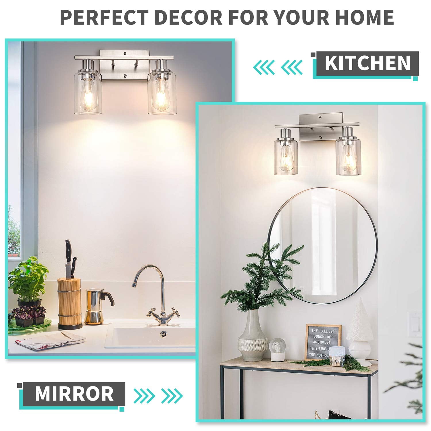 2-light Bathroom Vanity Light Fixture  Brushed Nickel Fixtures Over Mirror Modern Wall Mounted Lighting With Clear Glass Shade For Bedroom Hallway