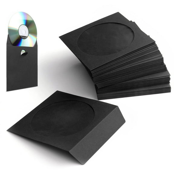 100 Pack CD DVD Thick Paper Sleeves (Black) Standard Envelope Cases Display Storage Premium with Window Cut Out and Flap for Music Movie Video Game Disc