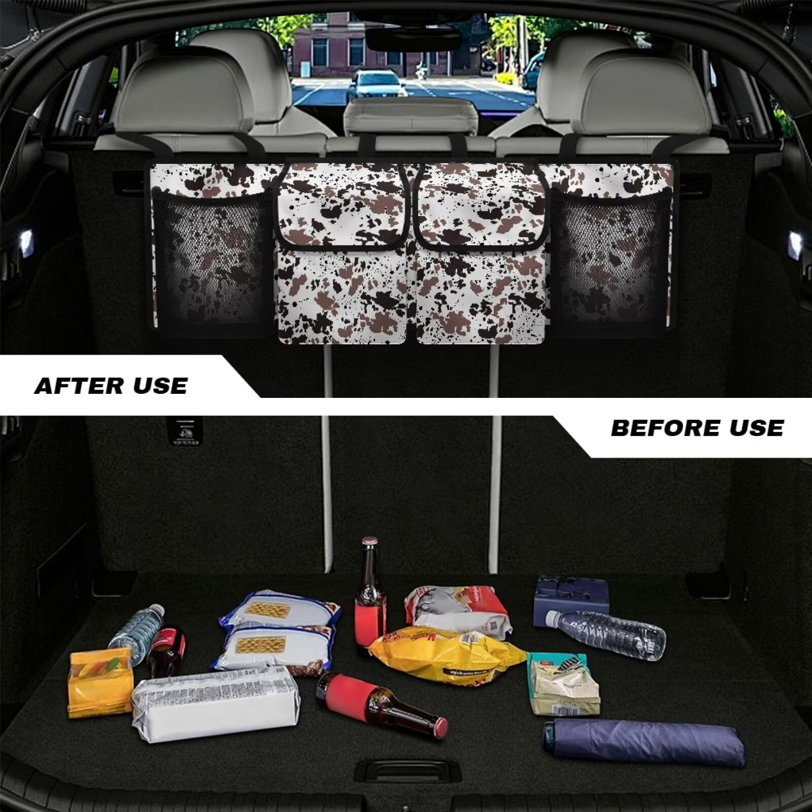 KUIFORTI Small Trunk Organizer Bag Cow Print Car Backseat Trunk Organizer - Auto Hanging Seat Back Storage - Multipurpose Cargo Accessory - Space Saving Facilitator for SUV, Hatchback, Crossover, Van