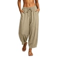thumbnail image 3 of Cmtiyu Linen Pants for Women, Baggy Elastic Waist Drawstring Wide Leg Pants with Pockets, Casual Flowy Vacation Palazzo Pants, S-3XL, 3 of 9