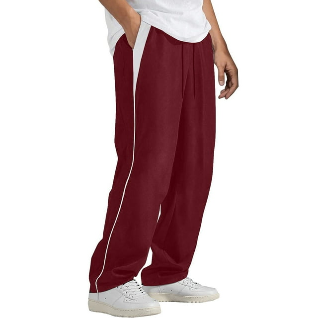 Lovzfmll Men's Color-Block Casual Pants, Elastic Waist with Pockets, Modern Design for a Fashion-Forward Statement Wine, S