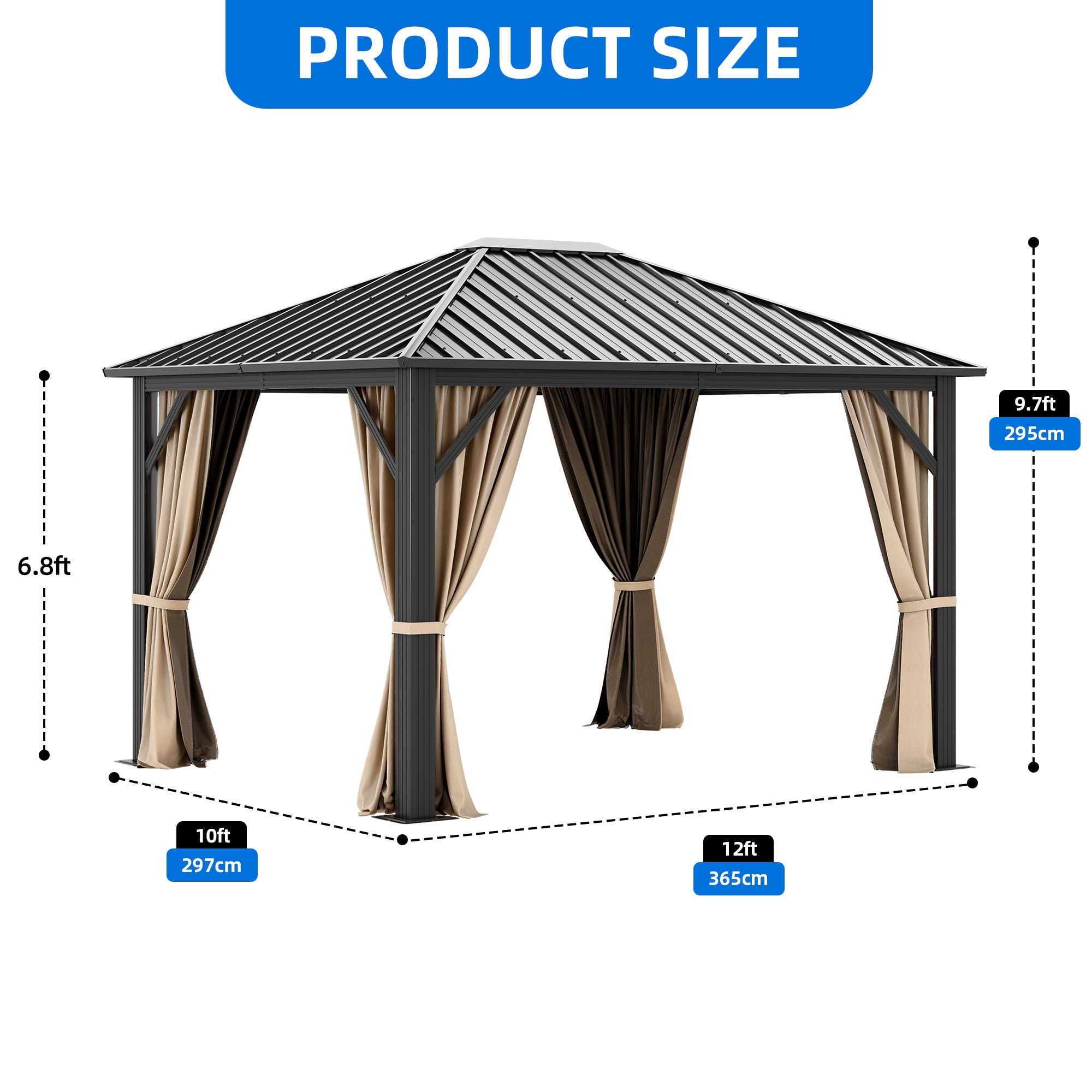 Dextrus 10x12ft Hardtop Gazebo with Nettings and Curtains, Heavy Duty Galvanized Steel Outdoor Vertical Stripes Roof for Patio, Backyard, Deck, Lawns, Brown