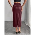 thumbnail image 2 of Burgundy Faux Leather High Waist Pencil Skirt Mid-Length Dressy Casual With Slit, 2 of 5