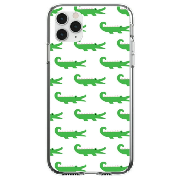 DistinctInk Clear Shockproof Hybrid Case for iPhone 11 Pro (5.8" Screen) - TPU Bumper, Acrylic Back, Tempered Glass Screen Protector - Green White Alligators - Cartoon Alligators