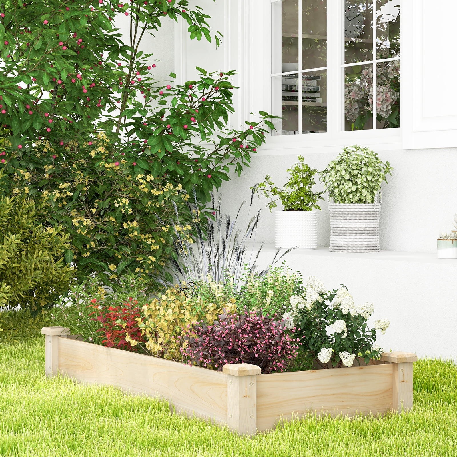 Topbuy Wooden Raised Garden Bed Rectangular Planter Box for Vegetables Fruits Flowers Herbs Outdoor Elevated Planting Bed for Garden
