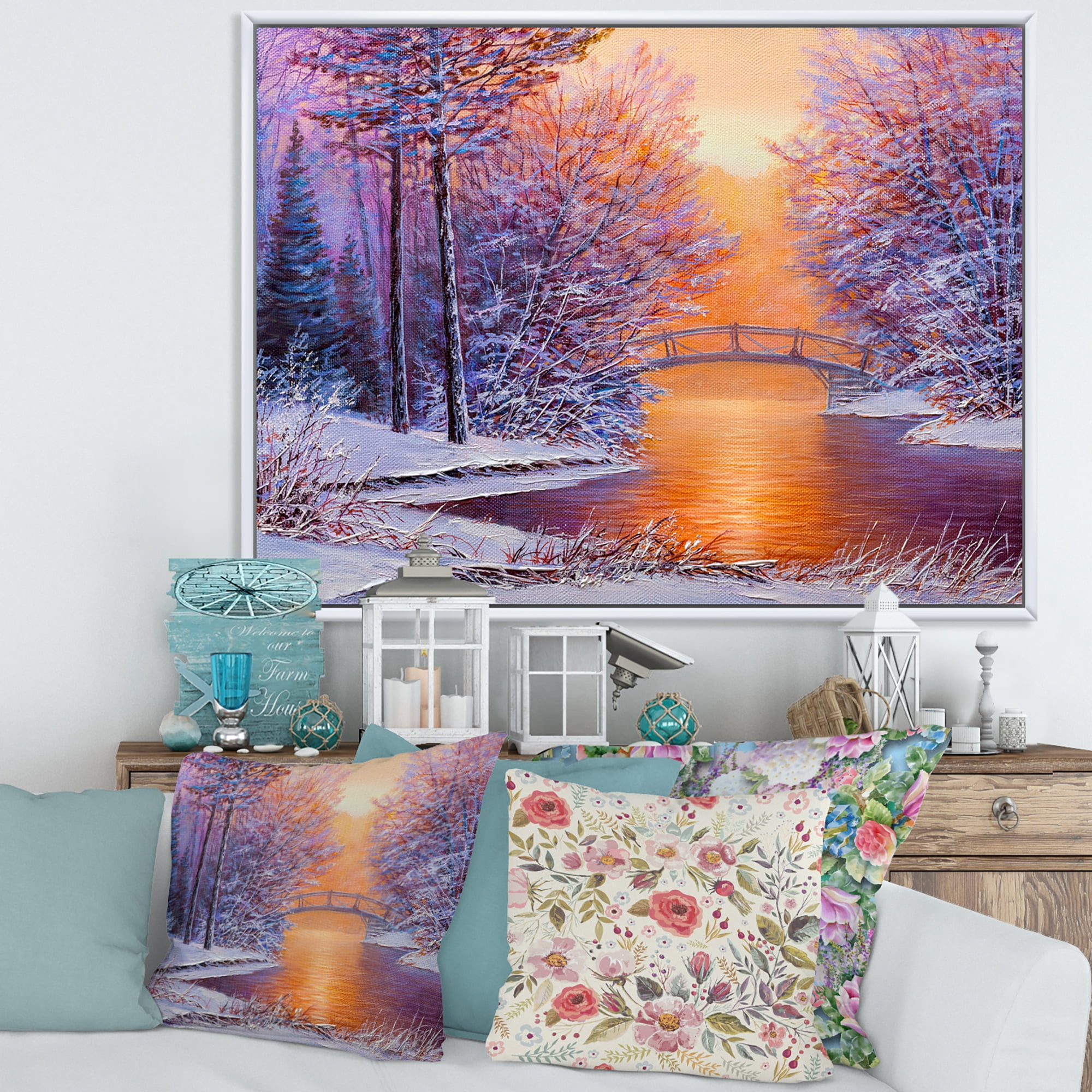 Designart 'Winter Landscape With Bridge Over The River' Traditional Framed Canvas Wall Art Print