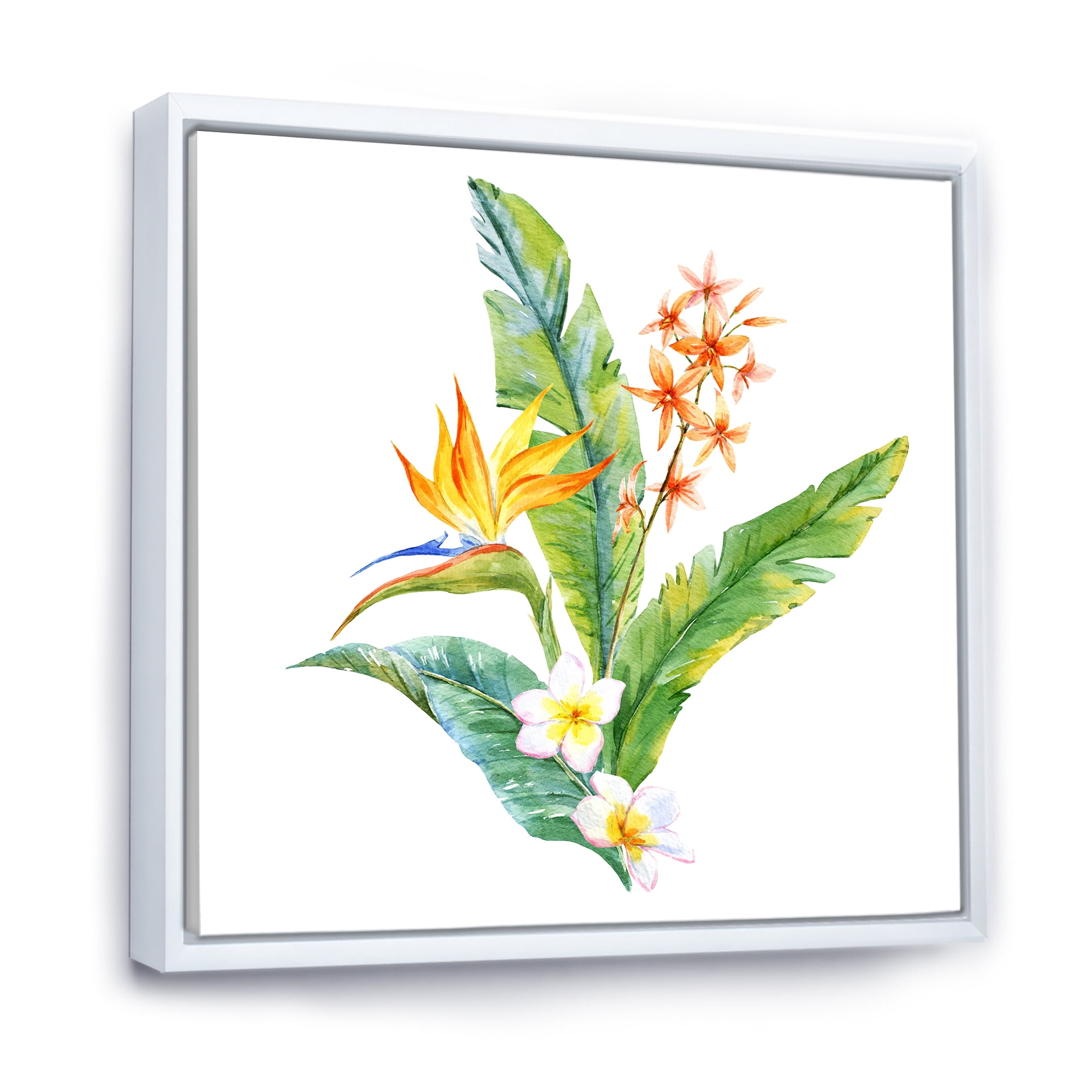 Designart 'Green Leaves With Tropical Yellow Flowers I' Traditional Framed Canvas Wall Art Print