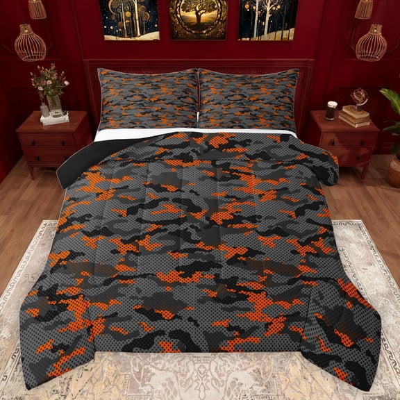 jejeloiu Abstract Camouflage Bedding Comforter Set,Rustic Camo Twin Comforter Sets,Orange Green Black Bedding Set For Boys Kids,Microfiber Bedroom Decor Reversible,2 Pieces