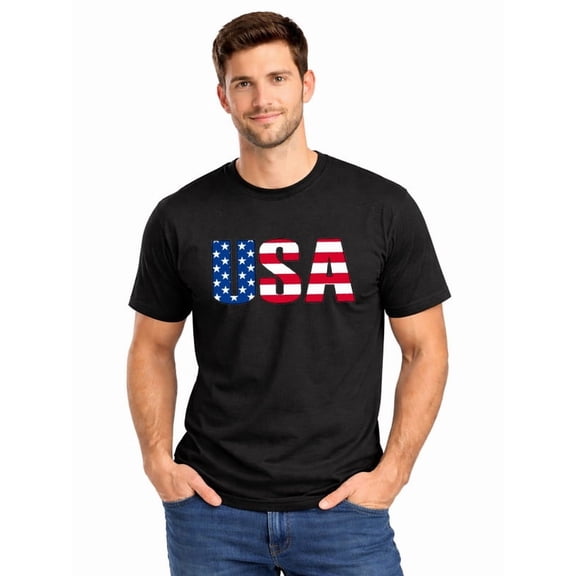 Graphic Short Sleeve T-Shirt for Men Classic Fit Crewneck with USA Flag T-Shirt Soft Cotton Fabric on Black Fabric