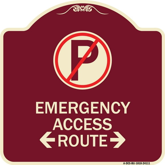 SignMission Designer Series Sign - Emergency Access Route (With Bidirectional Arrow) | Burgundy 18" X 18" Heavy-Gauge Aluminum Architectural Sign | Made in the USA