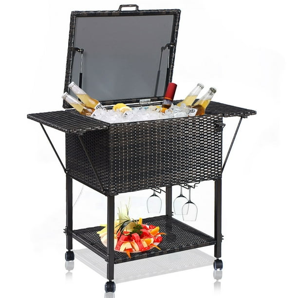 Costway Portable Rattan Cooler Cart Trolley Outdoor Patio Pool