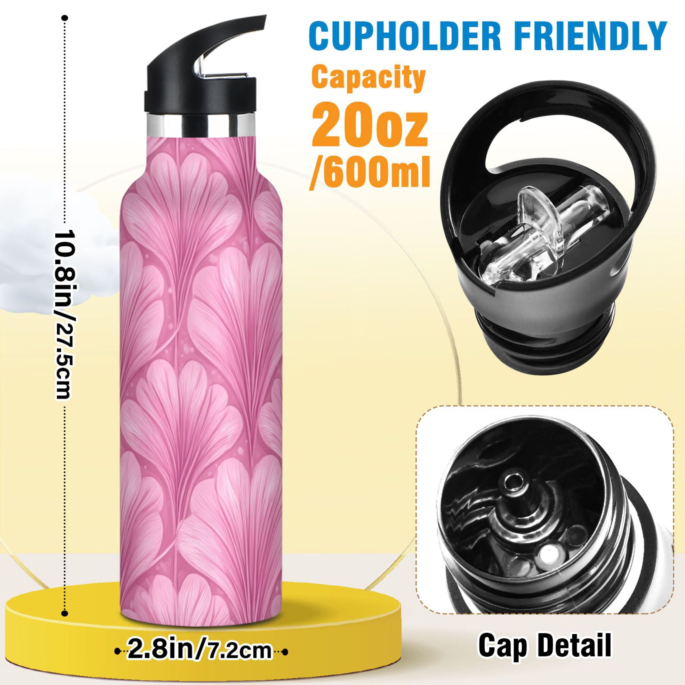 600ML Stainless Steel Insulated Cup Sports Water Bottle Portable Thermos Cup Water Glasses Insulated Tumblers Convenient and Durable Beautiful Light Pink Pattern