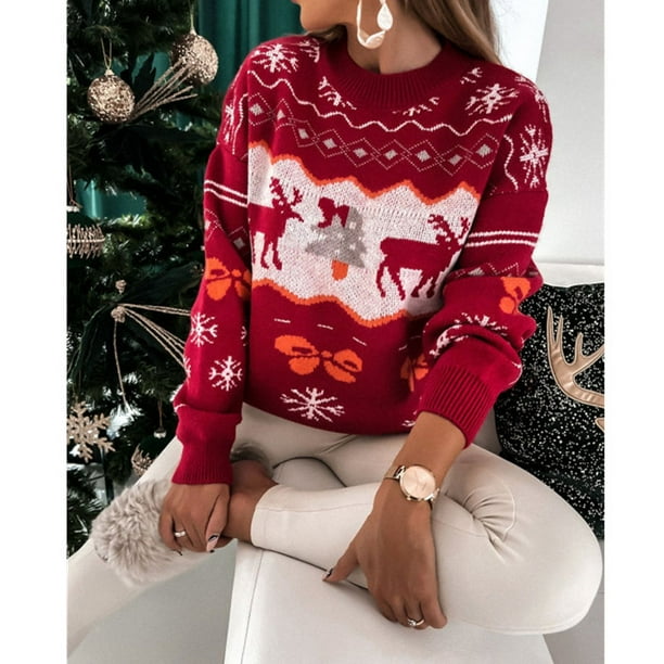Suéter europeo y americano para mujer, suéter largo holgado con cuello redondo y jacquard navideño de Independent Station