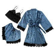 Pajamas for Women Velvet Pajama Set 3pcs Lace Cami Top Shorts Sleepwear Robe Sets Sexy Pjs for Women