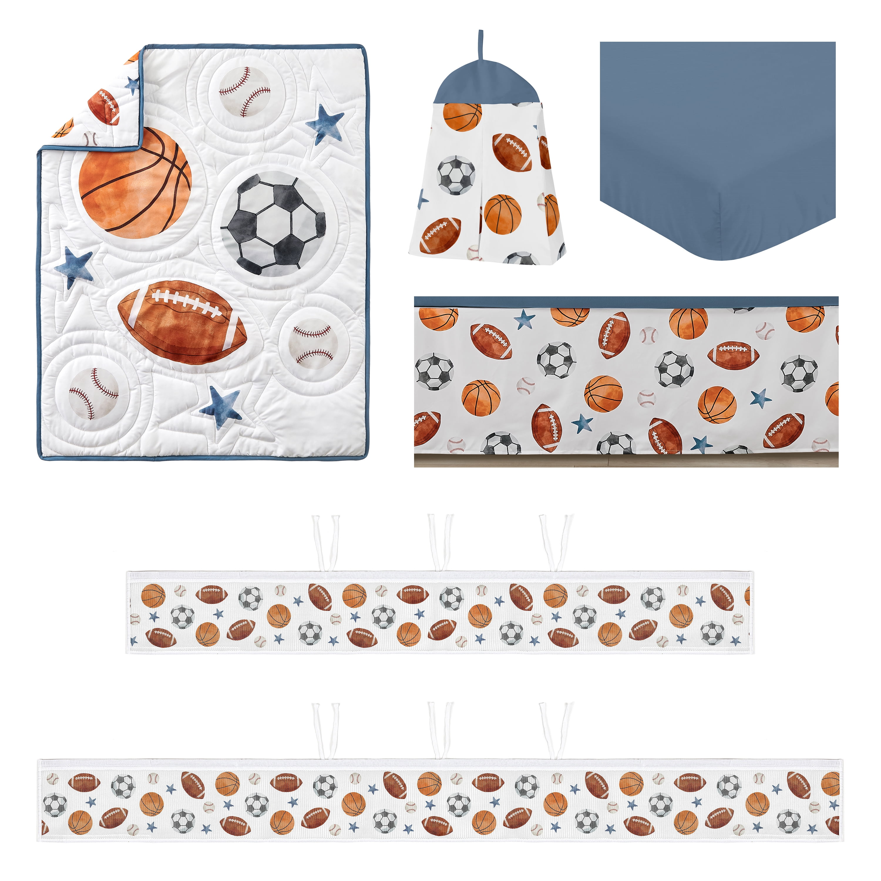 Sweet Jojo Designs Watercolor Sports Theme Multicolor Crib Bedding + BreathableBaby Breathable Mesh Liner Pad