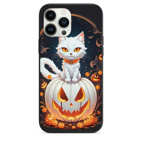 Halloween White Cat and Spooky Pumpkin Design Phone Case for iPhone 7 8 X XS XR SE 11 12 13 14 Pro Max Mini Note 10 20 s10 s10s s20 s21 20 Plus Ultra