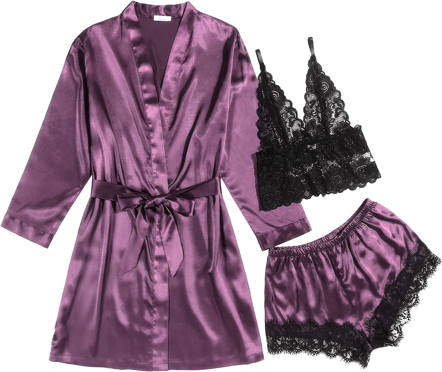 eshion Women's Sleepwear 3Pcs Satin Silk Floral Lace Trim Cami Pajama