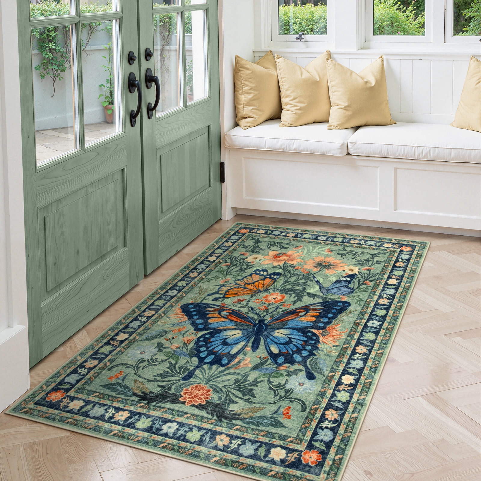 Lahome Decor 3'x5' Butterfly Bedroom Rug,Area Rugs 3x5ft Rugs for Entryway. Non-Slip Washable Rugs Stain Resistant Boho Floral Rug Low-Pile Throw Rug for ‎‎Living Room Office,Green