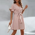 thumbnail image 5 of Sundresses for Women Casual Summer - Work Dresses for Women Casual V Neck Summer Dress Solid Color Ruffled Short Sleeve Wrap V Neck Swing Dress with Belt, 5 of 7