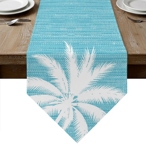 Tropical Plants Table Runner Linen Burlap Table Runner 108 Inches Long Summer Coastal Palm Tree Leaves Vintage Blue Dresser Scarves for Kitchen Island Coffee Dining Room Party Holiday Decor 13"x108"