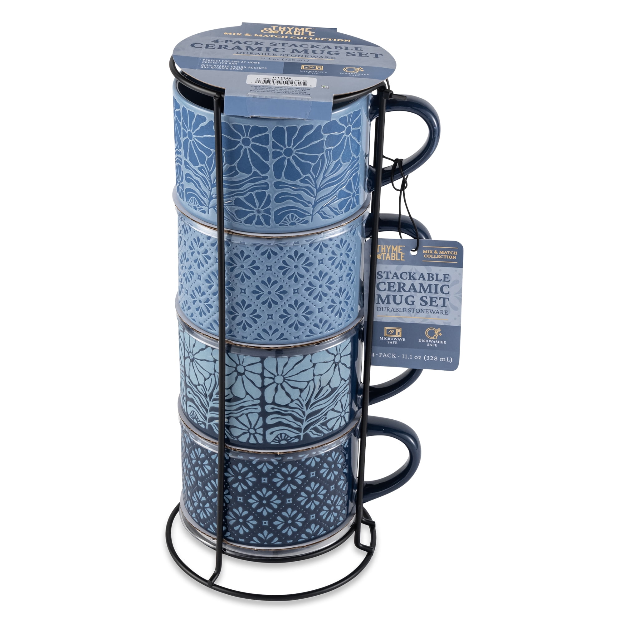 Thyme & Table 11.1 fl oz Blue Flowers and Blue Shapes Stoneware Stacking Mugs with Wire Rack, Set of 4