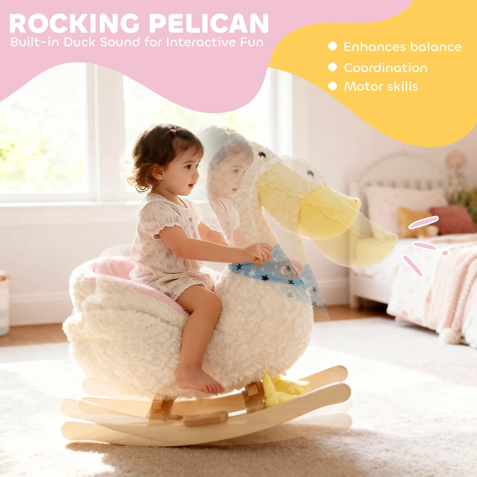 Kid's Plush Pelican Rocking Horse, White with Built-In Lullaby 3-Point Safety Belt, Wide Wood Base Steel Frame 55 lbs Capacity for 12+ Months 18-36 Months Toddlers