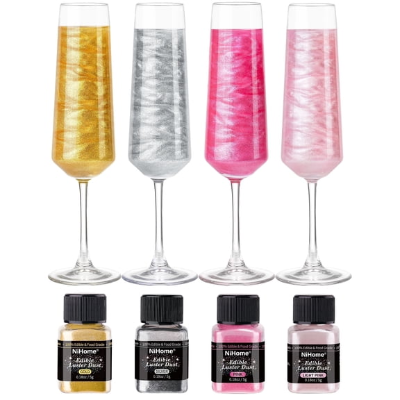 NiHome Edible Luster Dust Glitter Powder Fancy Metallic Sprinkles, Glimmer Luster Dust 4 Bottles of 0.18oz/5g for Decorating Drinks Cakes in Bakeries, Allergen-Free Food Coloring (4 Colors 20g)
