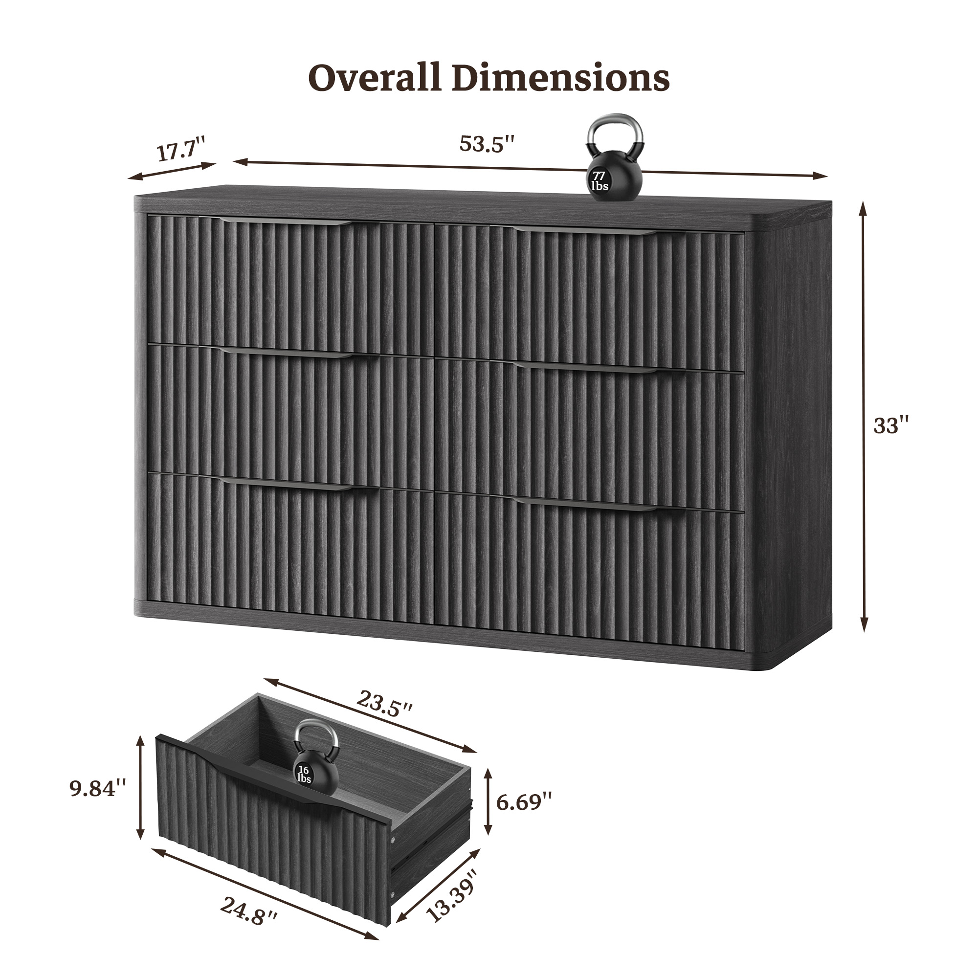 SICOTAS 53.5" Wide 6 Drawer Dresser for Bedroom, Farmhouse Chest of Drawers with Black Handles, Fluted Wood Storage Cabinet for Living Room, Black