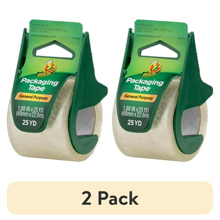 (2 pack) Duck General Purpose Packaging Tape with Manual Tape Dispenser, 1.88 in x 25 yd, Clear, 1 Roll