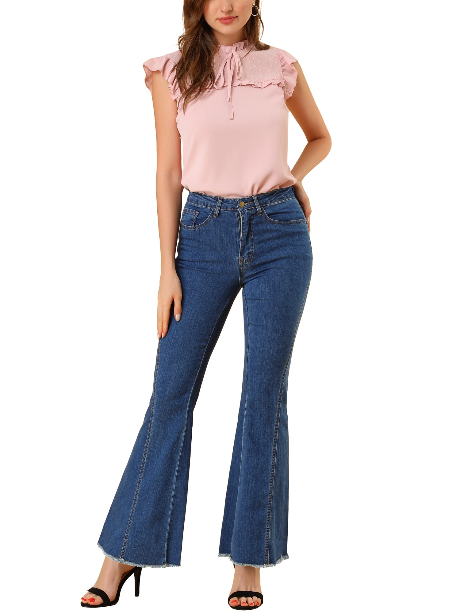 DARING DIVA Women's Flare Denim Pants High Waist Stretch Bell Bottoms Jeans L Blue
