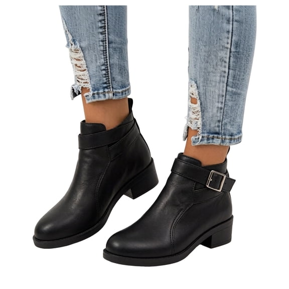 Rokment Retro Embossed Riding Ankle Boots for Women Casual Leather Buckles Platform Chunky Mid Heels Short Booties with Side Zipper Fall Winter