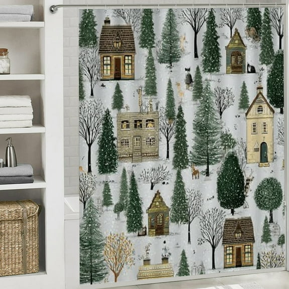 Christmas Shower Curtain, Retro Country Cottage Christmas Curtain with Hooks for Home Bathroom Decor Washable Curtains, 72x72 in