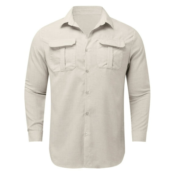 KaLI_store Button Down Shirt Men,Men's Linen Stylish Traditional Pattern Printed Long Sleeve Button up Shirt