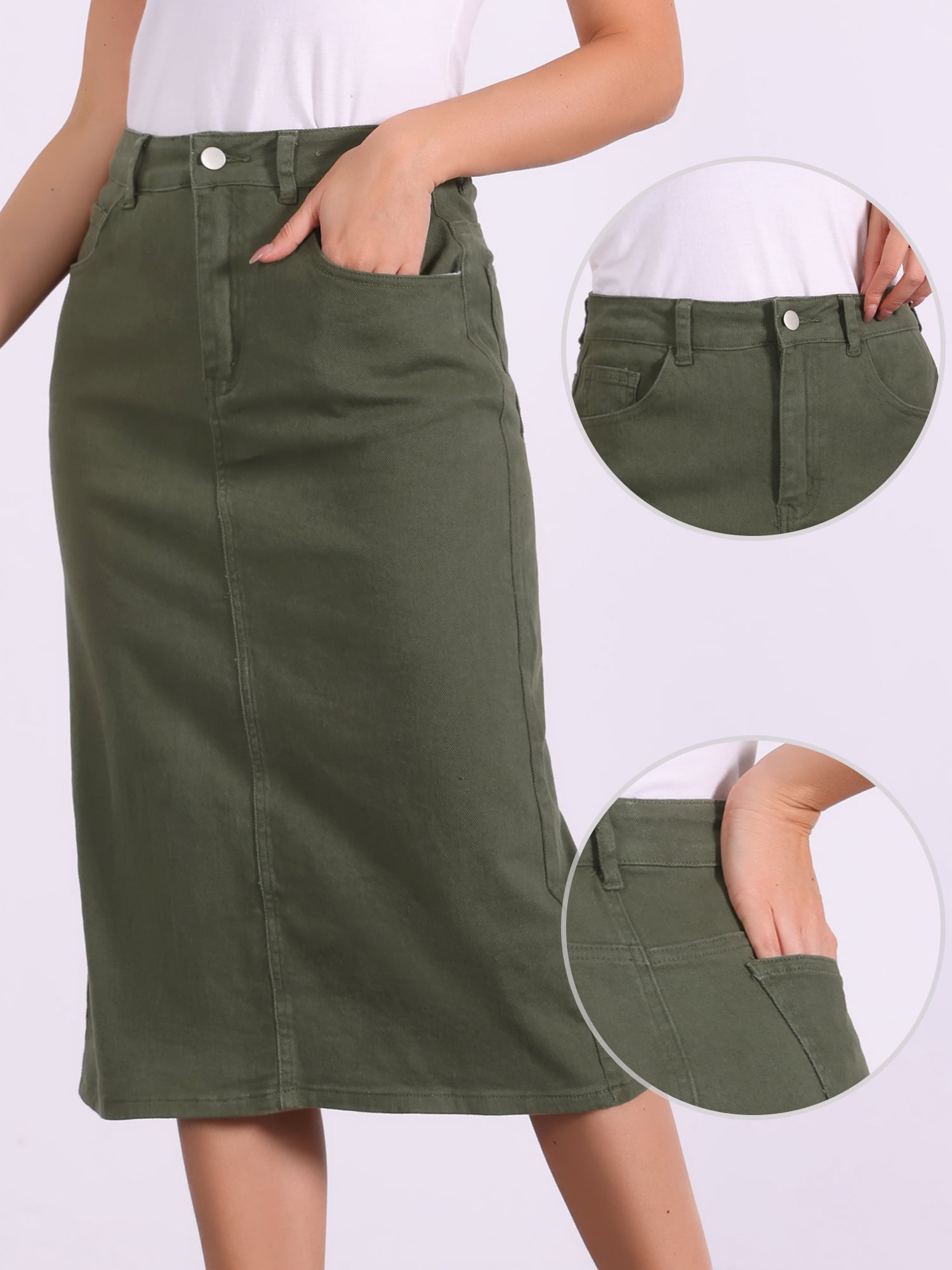 DARING DIVA Women's Zipped and Button Denim Split Back Pockets Midi Jean Skirts XS Army Green