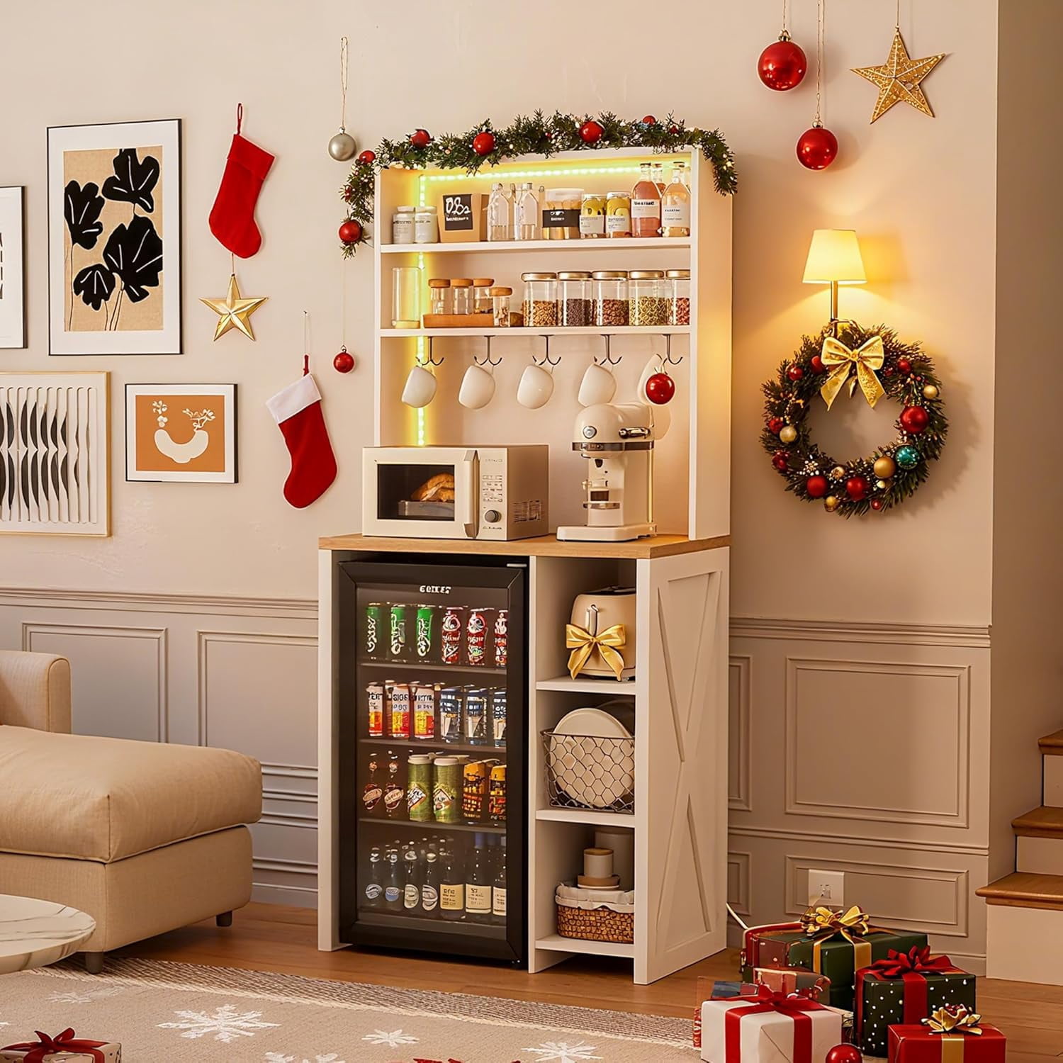 Bakers Rack with Mini Fridge Space, 69.3" Tall Microwave Stand with Power Outlets & LED Lights, 7-Tier Coffee Bar Station with 5 Hooks for for Dining Room, Living Room, White