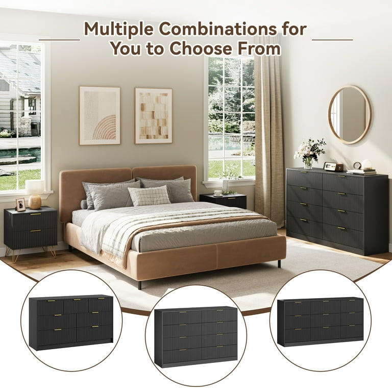 nightstands and dresser set NOVAMAISON 6 Drawer & Nightstand 3-Piece, 55” Wide Bedroom Set Night Stand Set of 2 with Metal Handle, Fluted Modern Wood Chest of Drawers Storage Dressers Set for Bedroom all featuring clean lines Galano Modern 3-Piece Dresser and