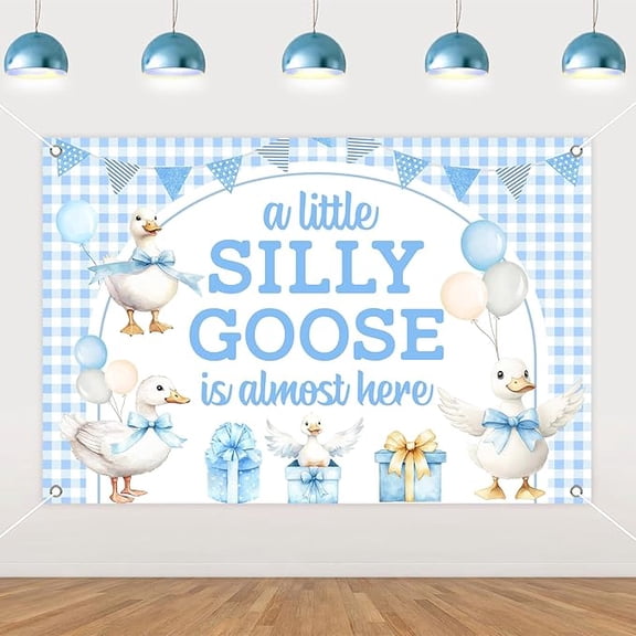 Silly Goose Baby Shower Decor Boy 5 * 3ft Silly Little Goose Baby Shower Backdrop Banner Blue Gingham Baby Boy Backdrop Farm Animal Supplies for Goose Duck Gender Reveals Baby Sprinkle