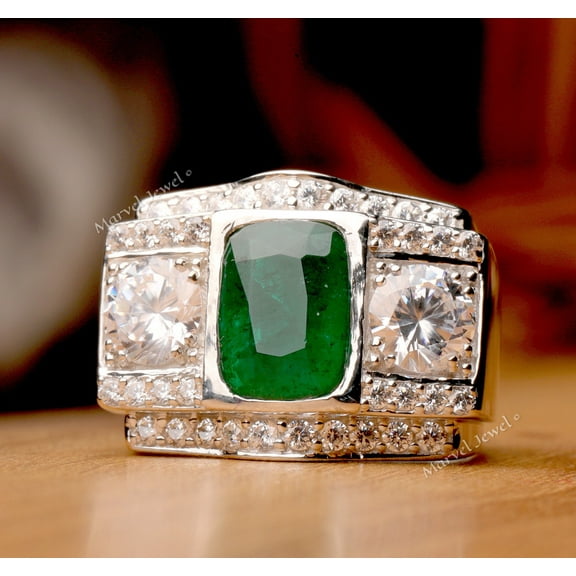 Elongated Cushion Cut Green Emerald Men's Diamond Engagement Ring, Men's Bezel Set Diamond Wedding Ring, 925 Sterling Silver, 2.6 Ct Simulated Emerald And Diamond, Gift For Him