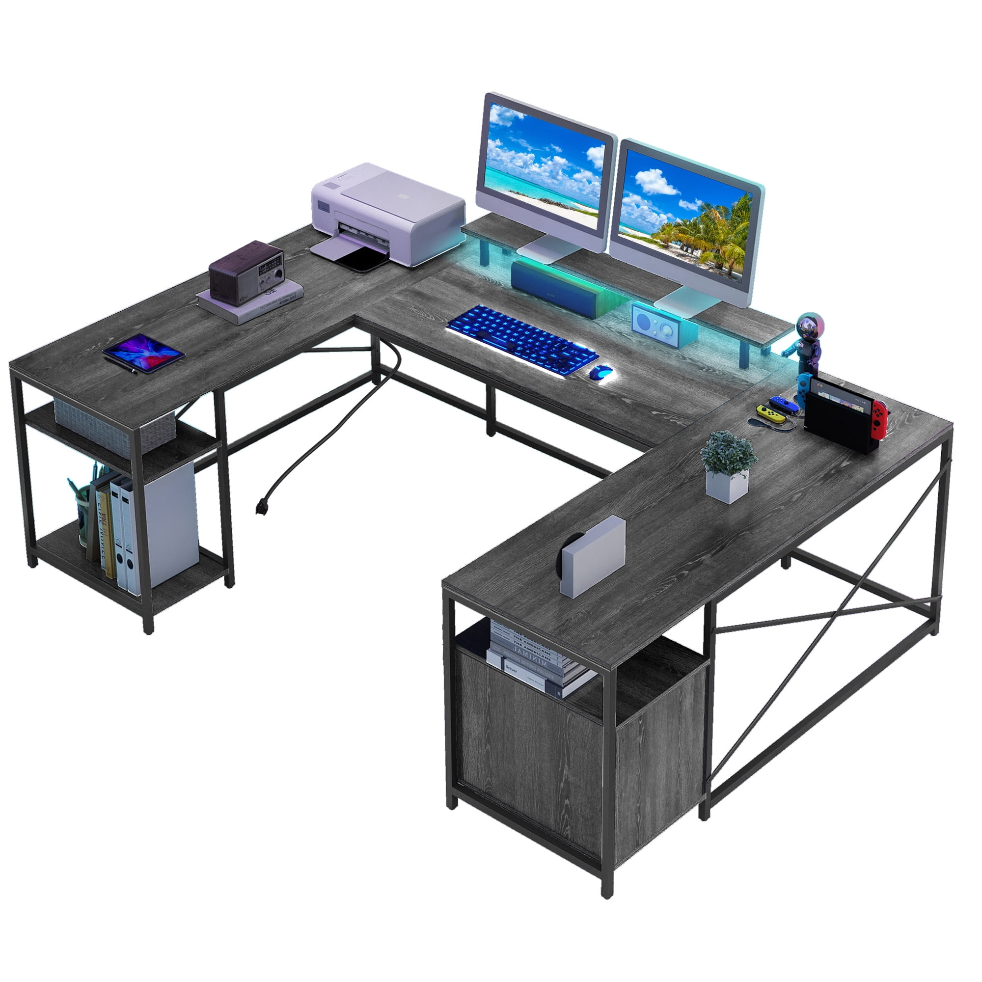 Dextrus L Shaped Desk with Power Outlets & LED Lights, Reversible Computer Desk with Drawers & Storage Shelves, Large U Shaped Desk, 2 Person Corner Office Desk for Home Office,Gray
