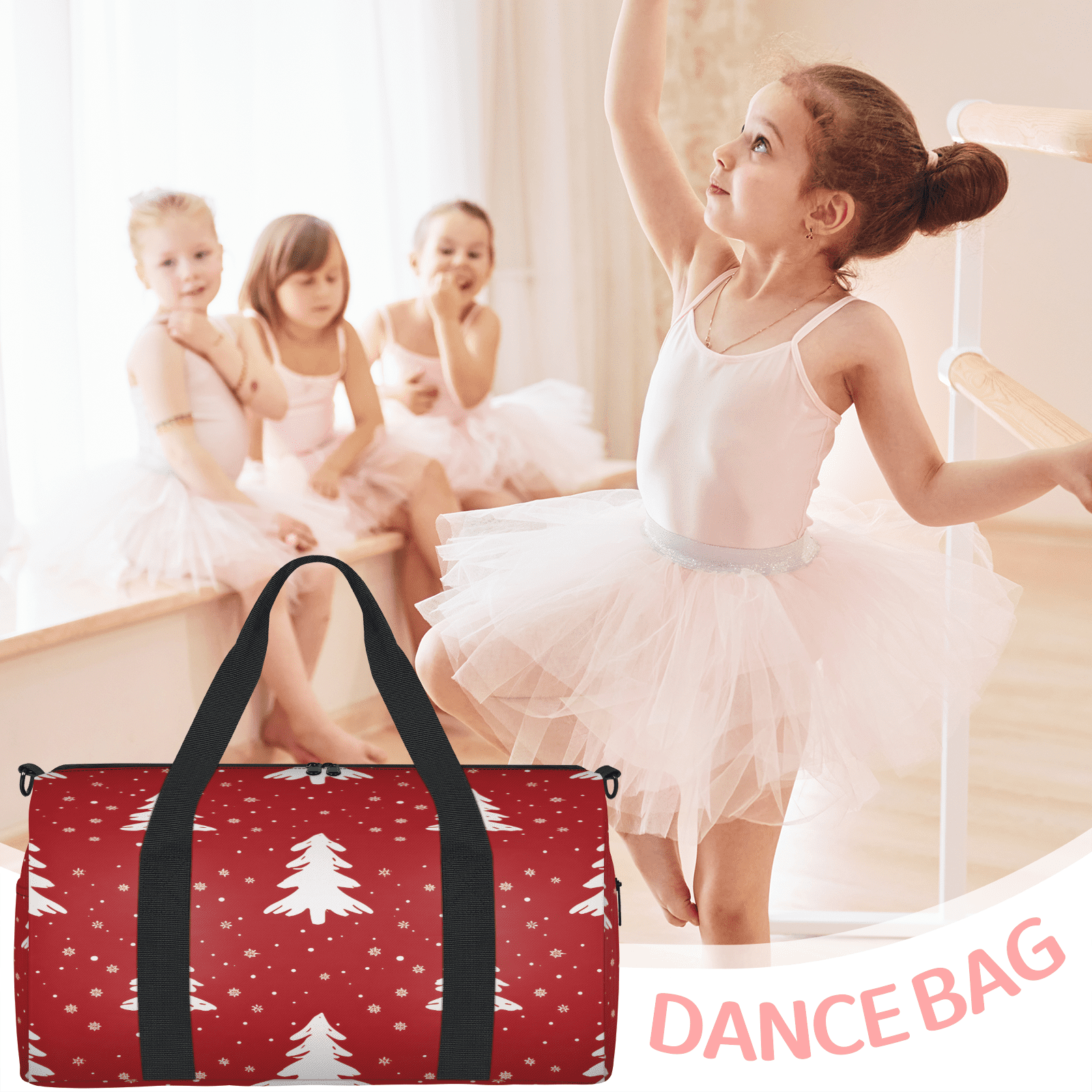 Herdesigns Christmas Tree Travel Duffle Bag Sports Yoga Weekender Overnight Carry on Workout Bags Lightweight Waterproof Gym Tote Bag for Women Red