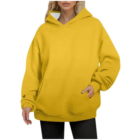 UJNDER Plus Size Hoodies for Women Solid Color Pocket Pullover Long Sleeve Casual Autumn Winter Yellow XXXL