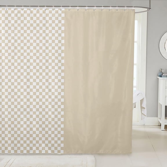 Beige Checkered Shower Curtain for Bathroom Waterproof Fabric Bath Curtain with 12 Hooks 71x71 inches