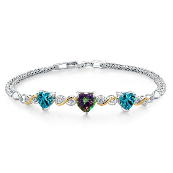 925 Silver and 10K Yellow Gold Green Mystic Topaz and London Blue Topaz and Lab Grown Diamond Bracelet for Women (3.48 Cttw, November Birthstone, Heart 7MM and 6MM, 6.5/7/7.5 inch, Made in Italy)