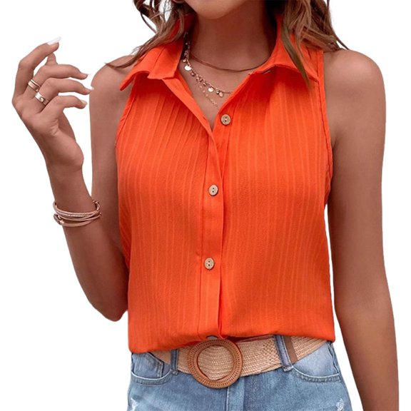 Womens Sleeveless Button Down Shirt Tops V Neck Business Casual Collared Blouses Tank Top Orange Red M