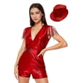 thumbnail image 3 of vastwit Women's Jazz Dance Outfit 70s Disco Jumpsuit Sleeveless V-neck Tassels Sequined Romper with Hat Set Red L, 3 of 7