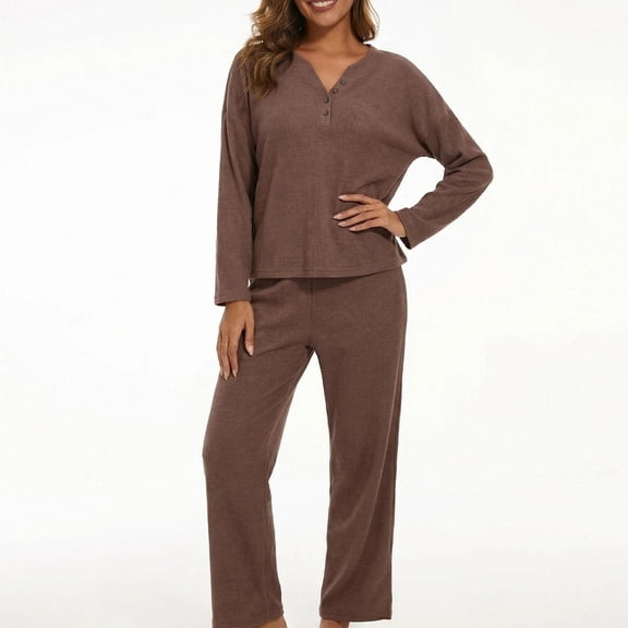 MecTo Women Pajamas Sets, Lady Waffle Button Down Shirts Long-Sleeved PJ, Brown, 2 piece, Size M