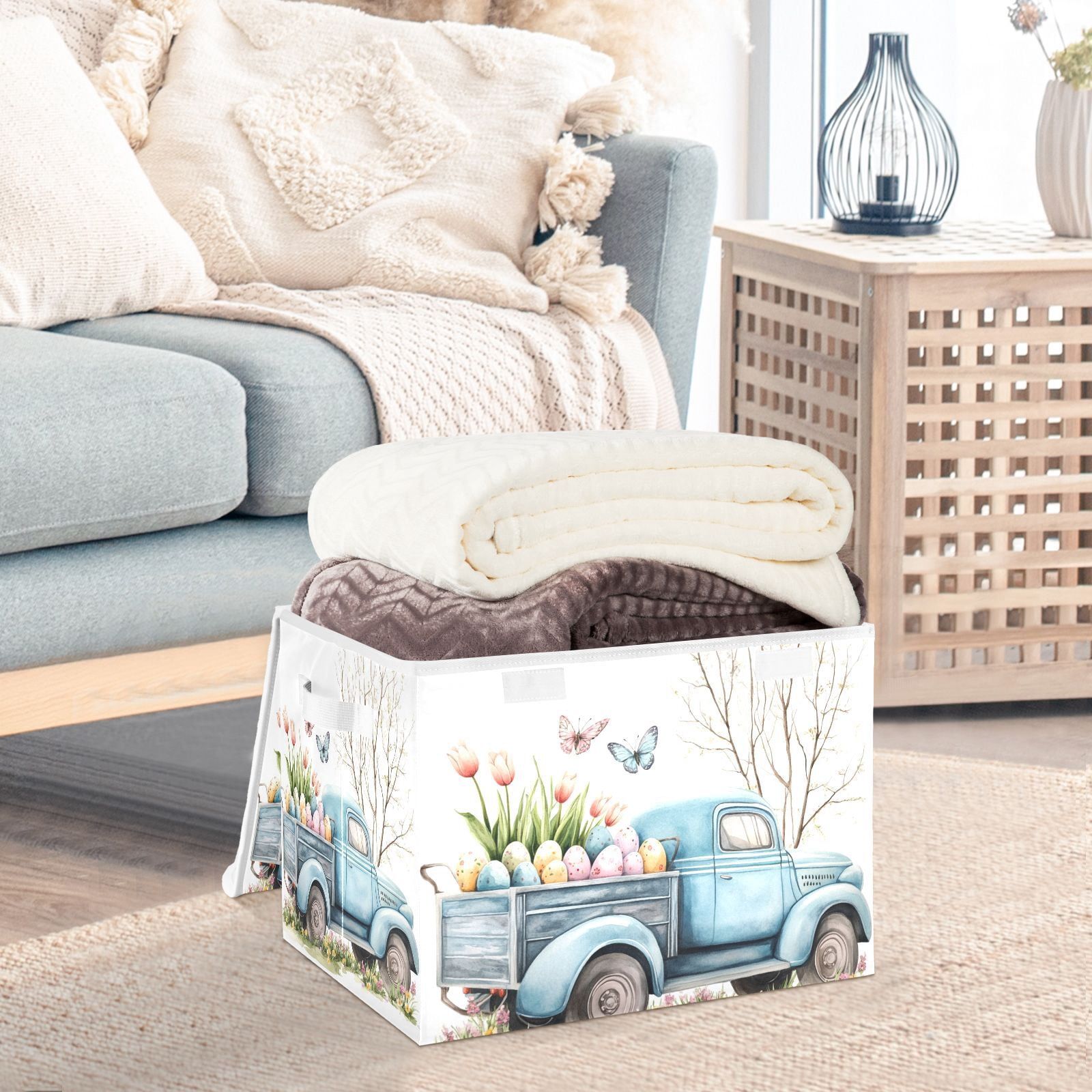 Blue Truck Easter Eggs Storage Basket for Shelves Foldable Container Organizer for Organizing Toys Clothes Books with Handles